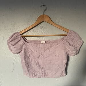 Romantic Soft Girl Lavender Puff Sleeve Crop Eyelet Blouse 100% Cotton Medium